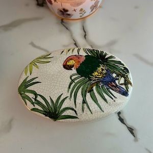Pacific Rim Handpainted Cream Crackle Glaze Parrot Lidded Trinket Dish